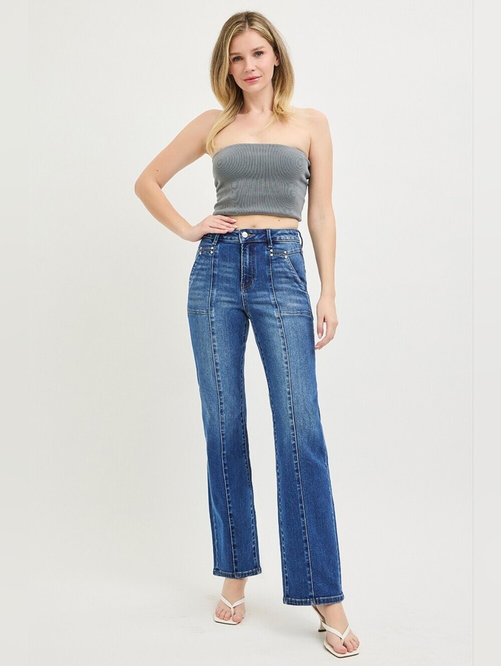 RISEN Dark Wash Straight Fit Jeans Seam Patch Pocket Stretch Classic Various NEW